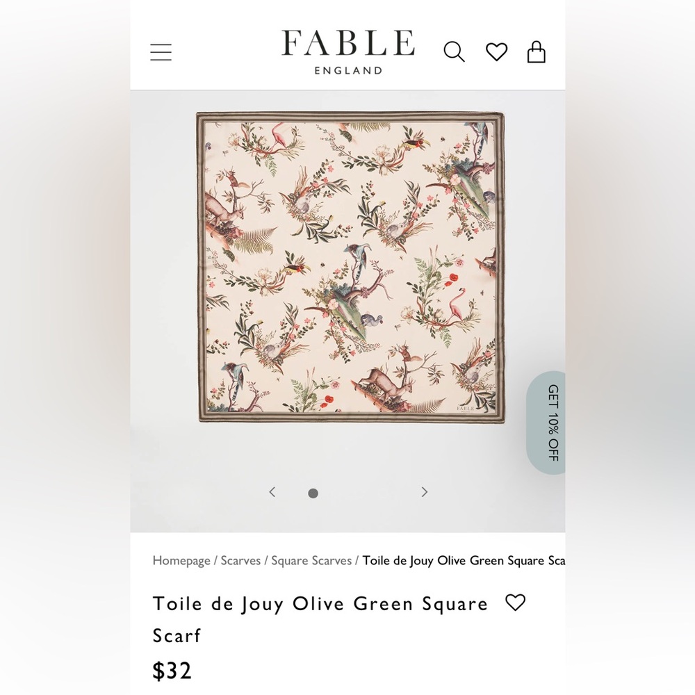 SOLD: Fable England Toile de Jouy Olive Green Scarf